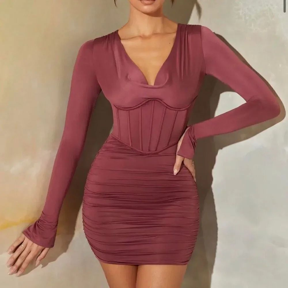 Oh Polly Della Long Sleeve Cowl Neck Corset Mini Ruched Dress Women's 2US